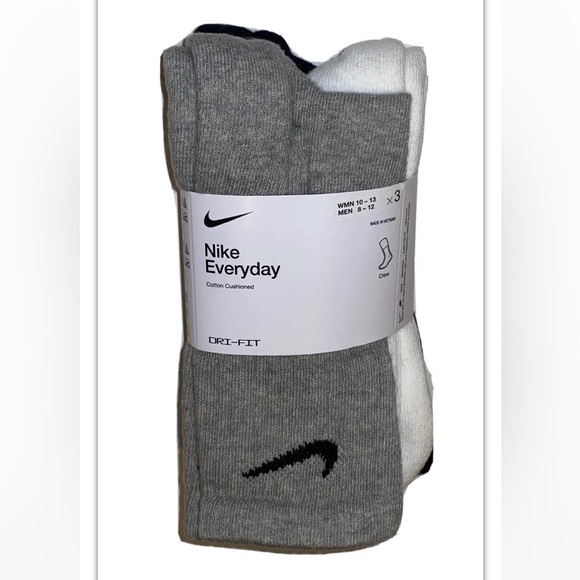 Nike Everyday Crew Socks 3 Pair Men 8-12 Wmn 10-13 Gray White Black Logo Cushion - Picture 1 of 12